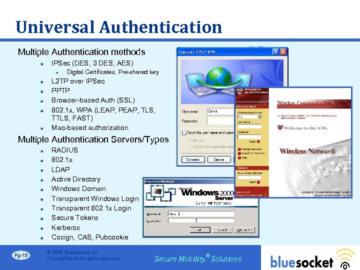 Universal Authentication Multiple Authentication methods IPSec (DES, 3 DES, AES) Digital Certificates, Pre-shared key