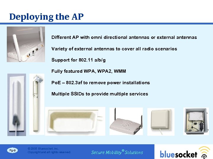 Deploying the AP Different AP with omni directional antennas or external antennas Variety of
