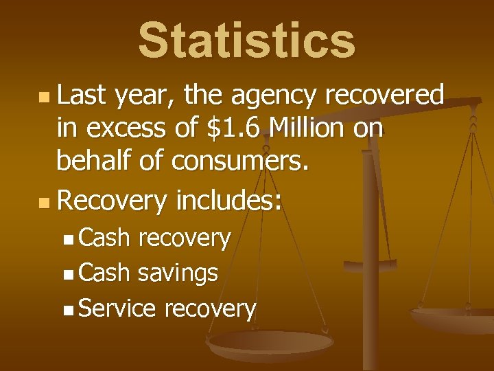 Statistics n Last year, the agency recovered in excess of $1. 6 Million on