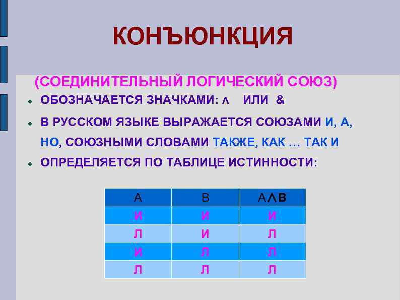 КОНЪЮНКЦИЯ (СОЕДИНИТЕЛЬНЫЙ ЛОГИЧЕСКИЙ СОЮЗ) ОБОЗНАЧАЕТСЯ ЗНАЧКАМИ: ∧ В РУССКОМ ЯЗЫКЕ ВЫРАЖАЕТСЯ СОЮЗАМИ И, А,