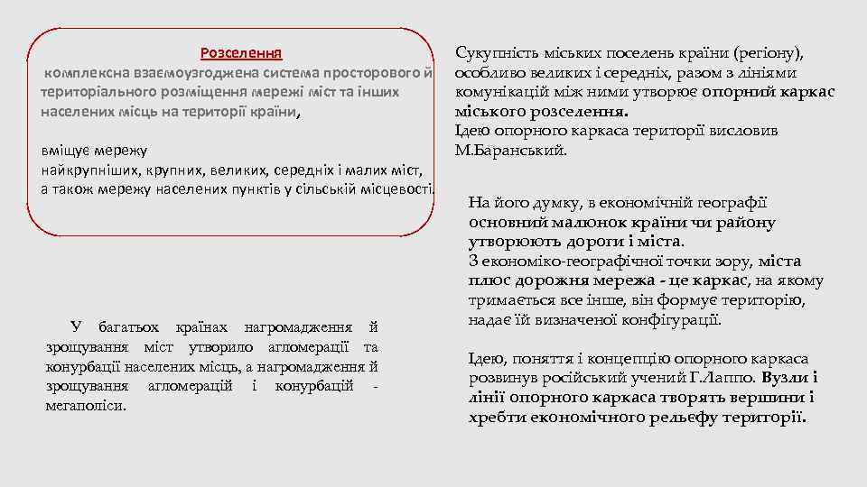 Розселення комплексна взаємоузгоджена система просторового й територіального розміщення мережі міст та інших населених місць