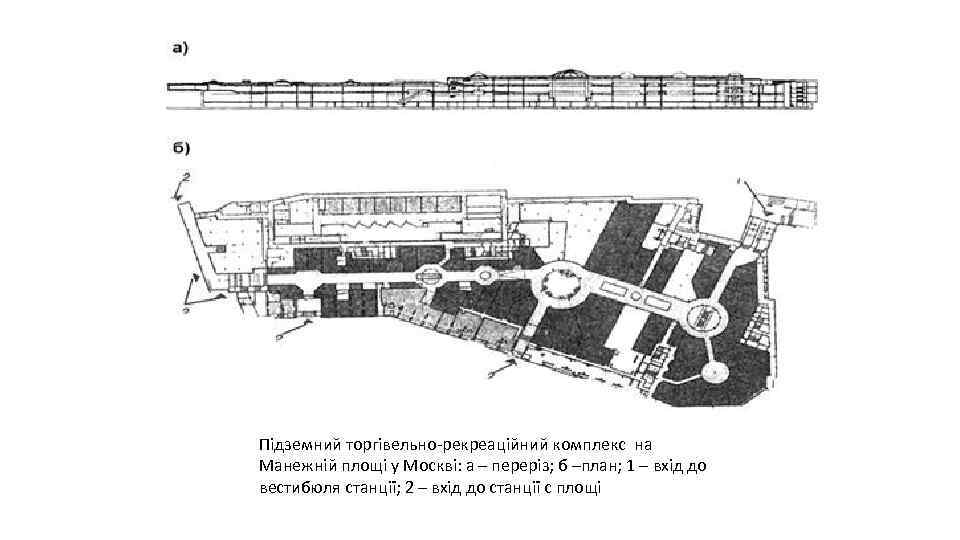Підземний торгівельно-рекреаційний комплекс на Манежній площі у Москві: а – переріз; б –план; 1