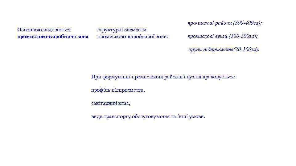Основною виділяється промислово-виробнича зона структурні елементи промислово-виробничої зони: промислові райони (300 -400 га); промислові