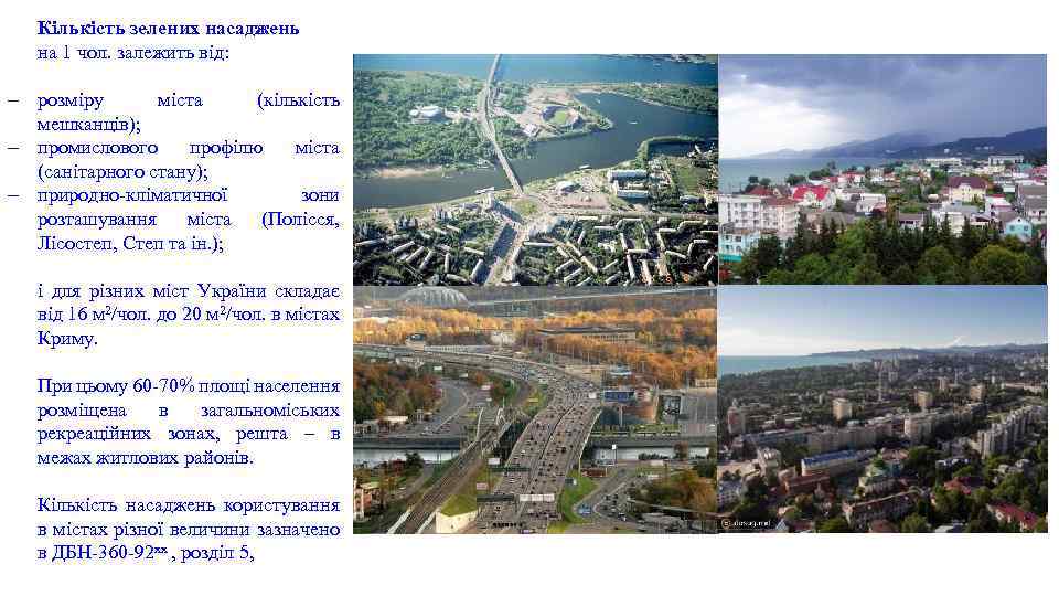 Кількість зелених насаджень на 1 чол. залежить від: - розміру міста (кількість мешканців); -