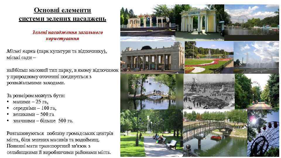 Основні елементи системи зелених насаджень Зелені насадження загального користування Міські парки (парк культури та