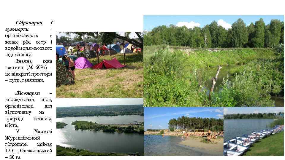 Гідропарки і лугопарки - організовують в зонах рік, озер і водойм для масового відпочинку.
