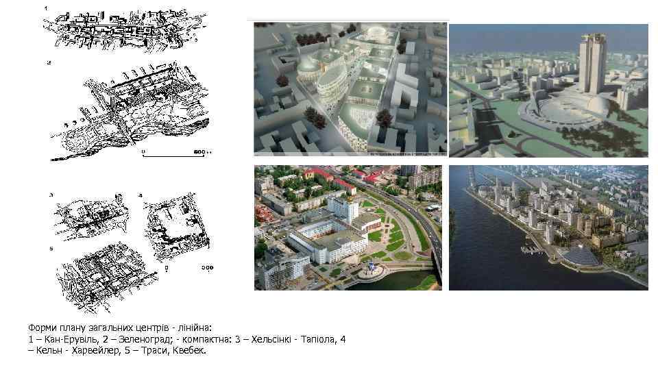 Форми плану загальних центрів - лінійна: 1 – Кан-Ерувіль, 2 – Зеленоград; - компактна: