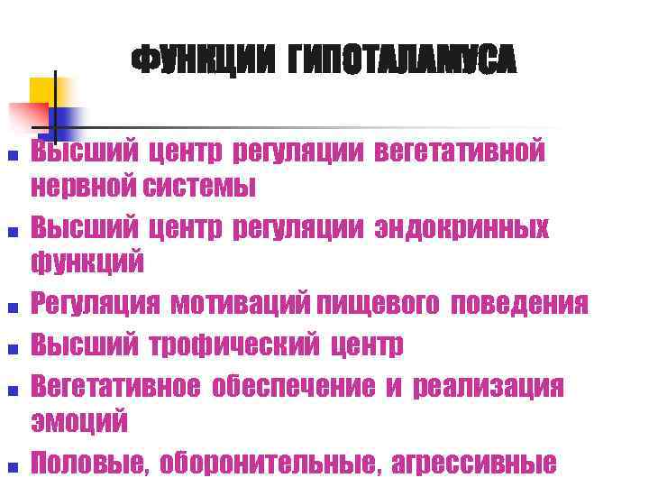 ФУНКЦИИ ГИПОТАЛАМУСА n n n Высший центр регуляции вегетативной нервной системы Высший центр регуляции