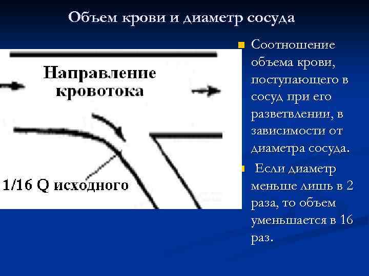 Объем крови и диаметр сосуда n n Соотношение объема крови, поступающего в сосуд при