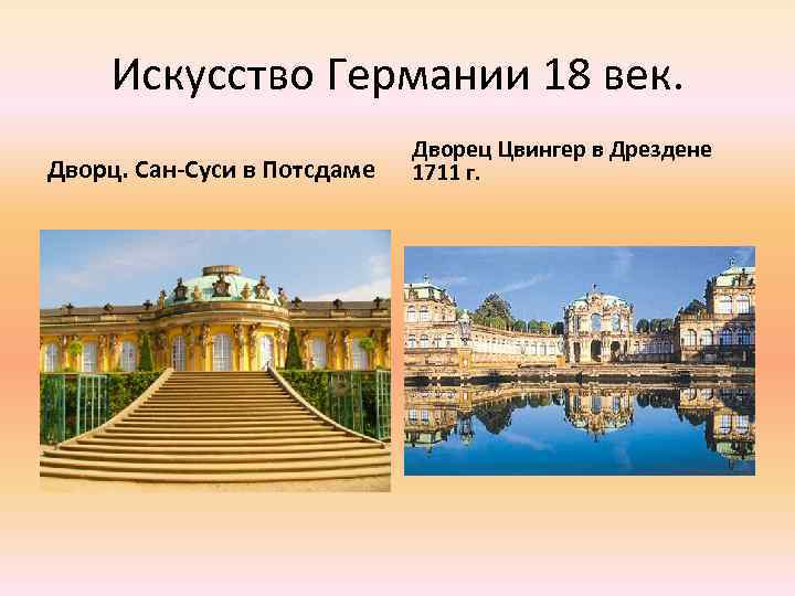 Искусство Германии 18 век. Дворц. Сан-Суси в Потсдаме Дворец Цвингер в Дрездене 1711 г.