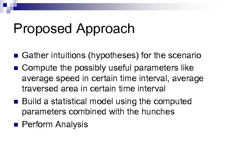 Proposed Approach n n Gather intuitions (hypotheses) for the scenario Compute the possibly useful