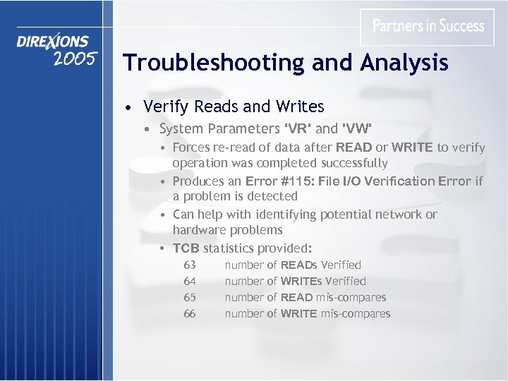 Troubleshooting and Analysis • Verify Reads and Writes • System Parameters 'VR' and 'VW'