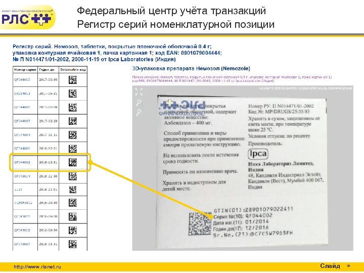 Федеральный центр учёта транзакций Регистр серий номенклатурной позиции http: //www. rlsnet. ru Слайд 21