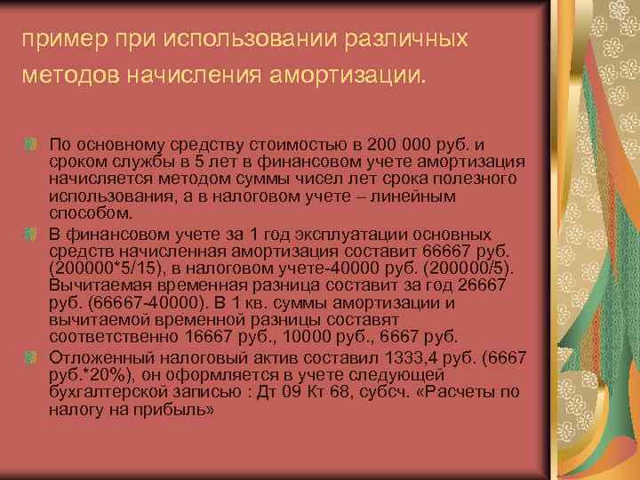 пример при использовании различных методов начисления амортизации. По основному средству стоимостью в 200 000