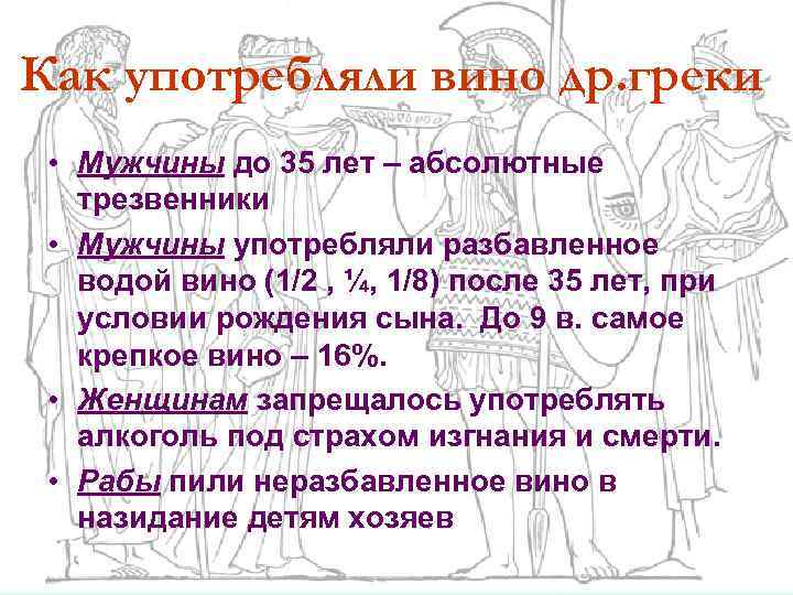 Как употребляли вино др. греки • Мужчины до 35 лет – абсолютные трезвенники •