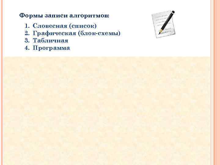 Формы записи алгоритмов: 1. 2. 3. 4. Словесная (список) Графическая (блок-схемы) Табличная Программа Для