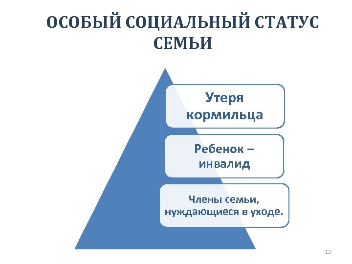 ОСОБЫЙ СОЦИАЛЬНЫЙ СТАТУС СЕМЬИ Утеря кормильца Ребенок – инвалид Члены семьи, нуждающиеся в уходе.