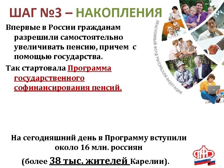 ШАГ № 3 – НАКОПЛЕНИЯ Впервые в России гражданам разрешили самостоятельно увеличивать пенсию, причем