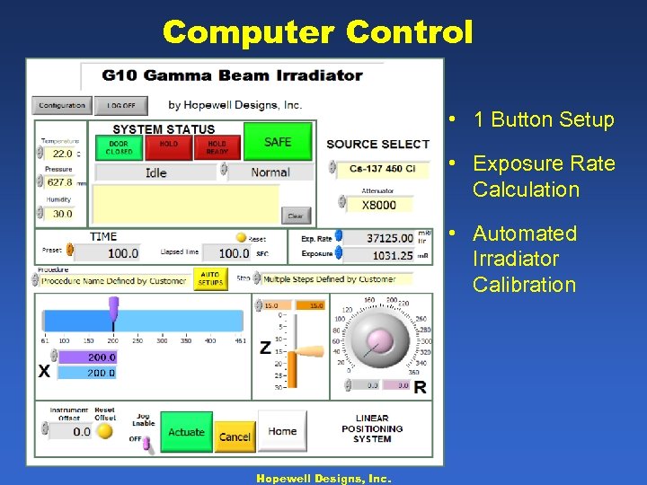 Computer Control • 1 Button Setup • Exposure Rate Calculation • Automated Irradiator Calibration