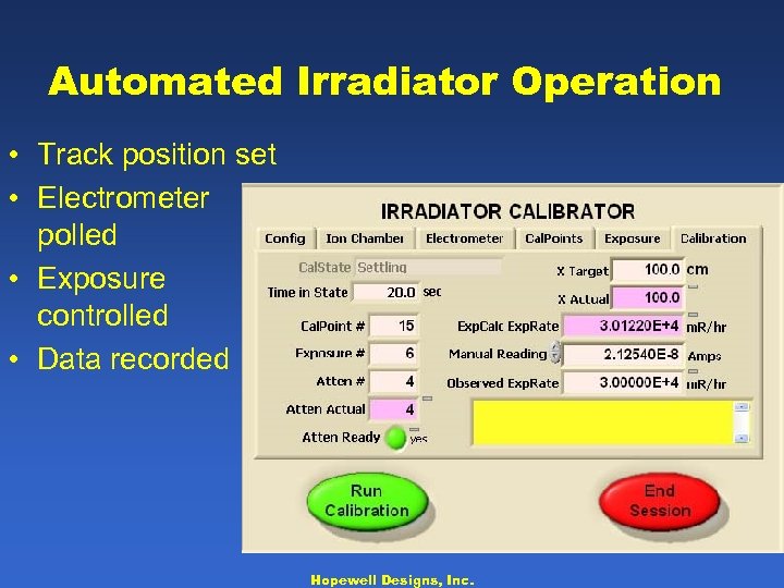 Automated Irradiator Operation • Track position set • Electrometer polled • Exposure controlled •