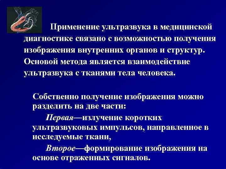 Применение ультразвука в медицинской диагностике связано с возможностью получения изображения внутренних органов и структур.