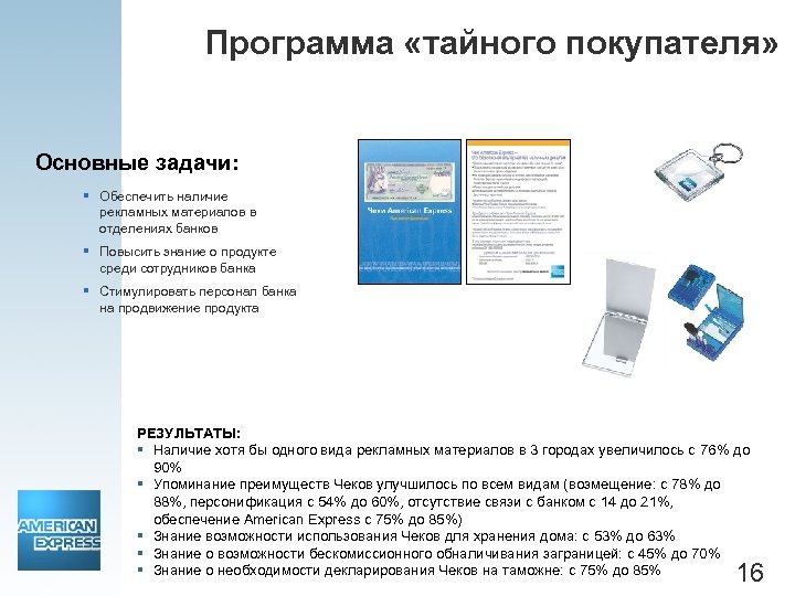 Программа «тайного покупателя» Основные задачи: § Обеспечить наличие рекламных материалов в отделениях банков §