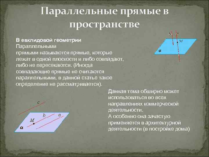 В евклидовой геометрии Параллельными прямыми называются прямые, которые лежат в одной плоскости и либо