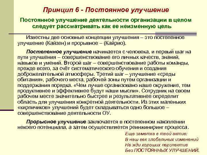 Принцип 6 - Постоянное улучшение деятельности организации в целом следует рассматривать как ее неизменную