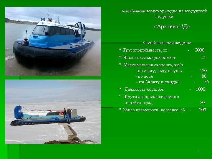 Амфибийный вездеход-судно на воздушной подушке «Арктика-2 Д» Серийное производство. * Грузоподъёмность, кг - 2000