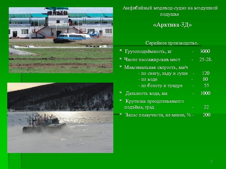  Амфибийный вездеход-судно на воздушной подушке «Арктика-3 Д» Серийное производство. * Грузоподъёмность, кг -