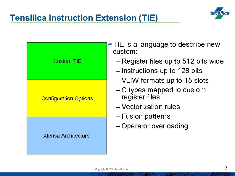 Tensilica Instruction Extension (TIE) Custom TIE Configuration Options TIE is a language to describe