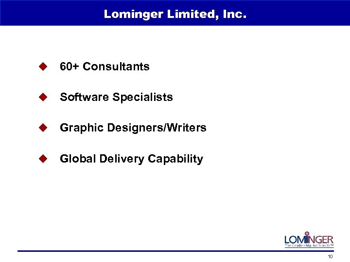 Lominger Limited, Inc. u 60+ Consultants u Software Specialists u Graphic Designers/Writers u Global