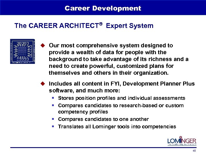 Career Development The CAREER ARCHITECT Expert System u Our most comprehensive system designed to