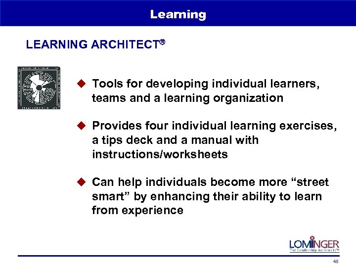 Learning LEARNING ARCHITECT u Tools for developing individual learners, teams and a learning organization