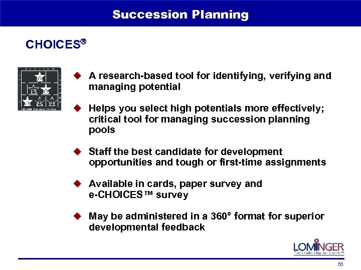 Succession Planning CHOICES u A research-based tool for identifying, verifying and managing potential u