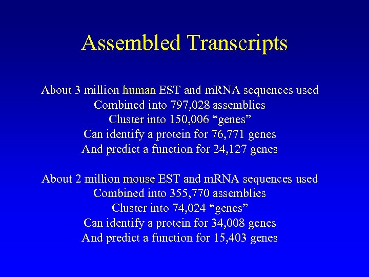 Assembled Transcripts About 3 million human EST and m. RNA sequences used Combined into