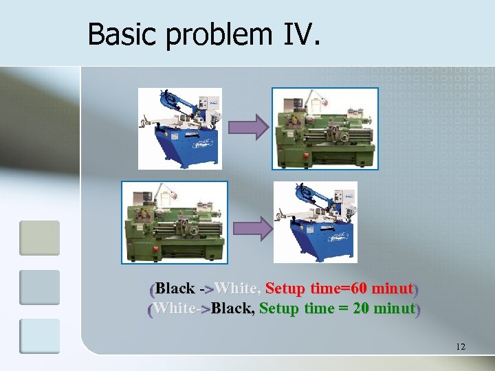 Basic problem IV. Black White, (Black - >White, Setup time=60 minut ) White- Black,