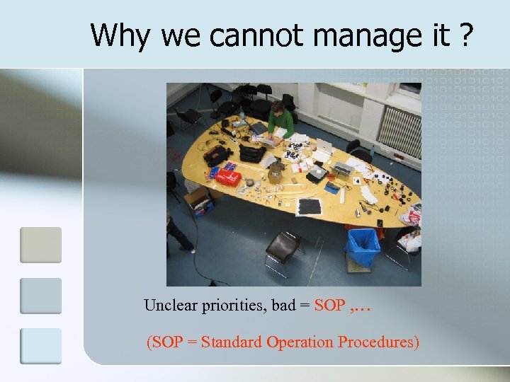 Why we cannot manage it ? Unclear priorities, bad = SOP , … (SOP