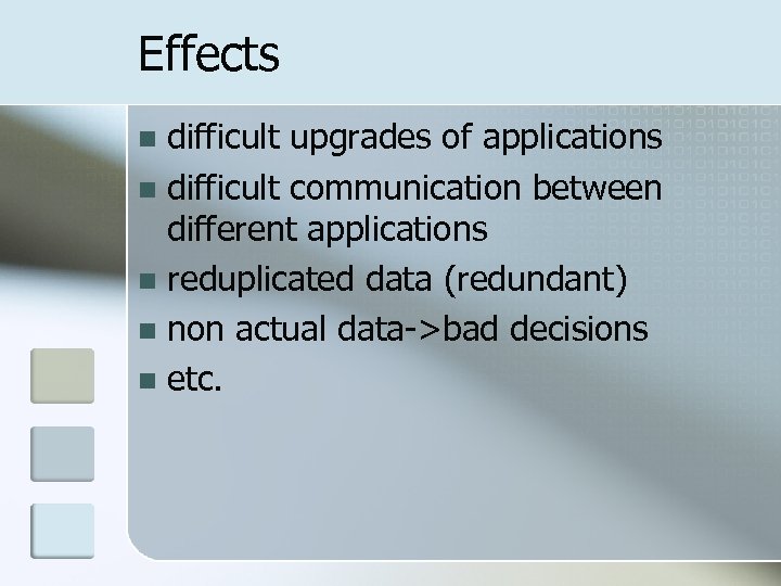 Effects difficult upgrades of applications n difficult communication between different applications n reduplicated data