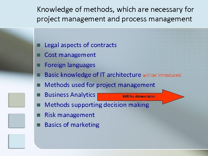 Knowledge of methods, which are necessary for project management and process management n n