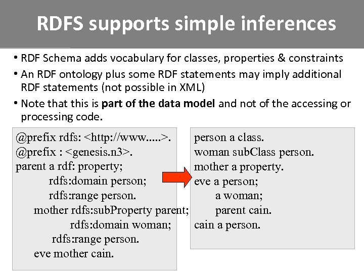 RDFS supports simple inferences • RDF Schema adds vocabulary for classes, properties & constraints