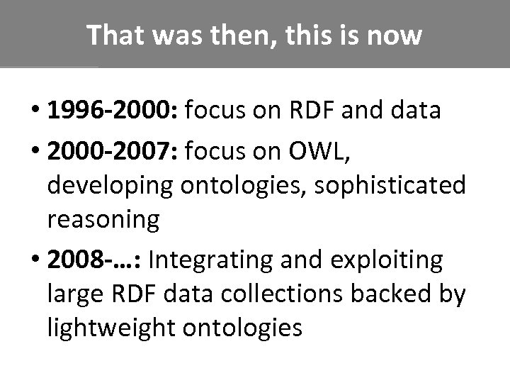 That was then, this is now • 1996 -2000: focus on RDF and data