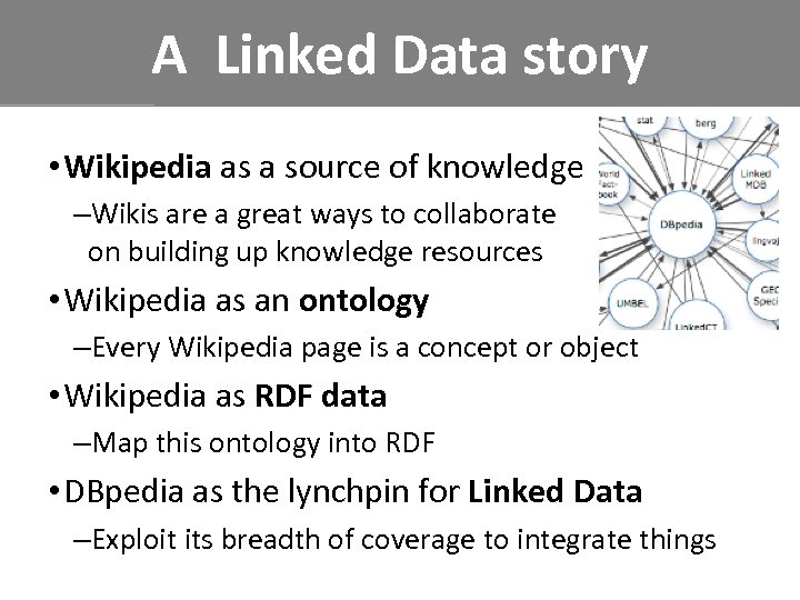 A Linked Data story • Wikipedia as a source of knowledge –Wikis are a