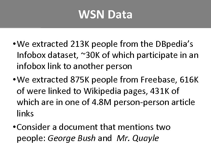 WSN Data • We extracted 213 K people from the DBpedia’s Infobox dataset, ~30