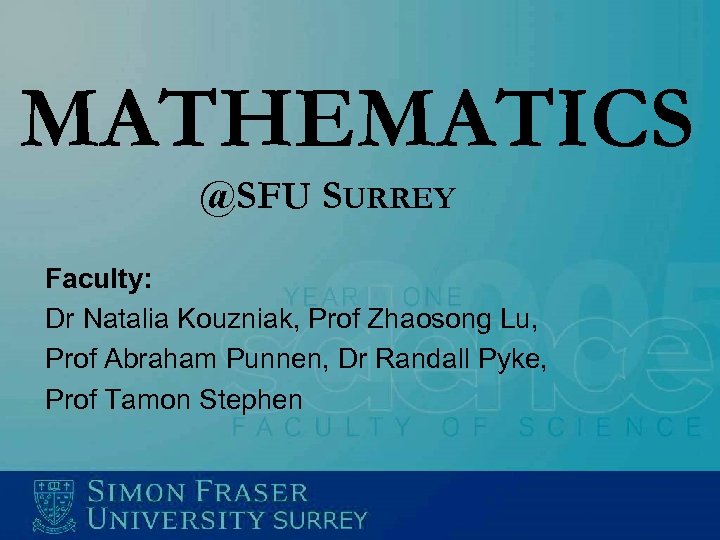 MATHEMATICS @SFU SURREY Faculty: Dr Natalia Kouzniak, Prof Zhaosong Lu, Prof Abraham Punnen, Dr