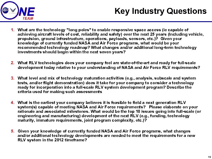 Key Industry Questions 1. What are the technology "long poles" to enable responsive space
