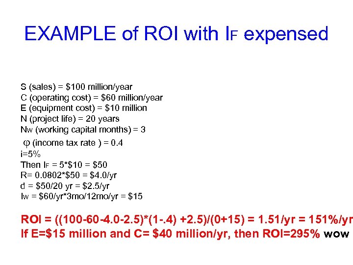 EXAMPLE of ROI with IF expensed S (sales) = $100 million/year C (operating cost)