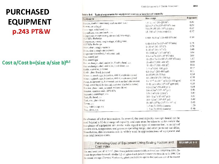 PURCHASED EQUIPMENT p. 243 PT&W Cost a/Cost b=(size a/size b)0. 6 