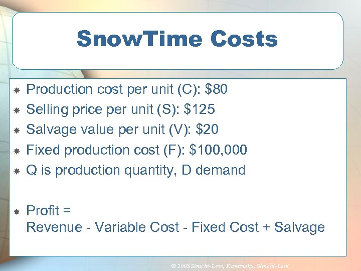 Snow. Time Costs Production cost per unit (C): $80 Selling price per unit (S):