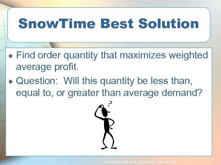 Snow. Time Best Solution Find order quantity that maximizes weighted average profit. Question: Will